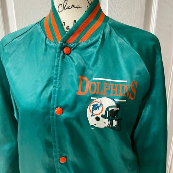VINTAGE 80’ RETRO BOMBER SATIN JACKET NFL MIAMI DOLPHINS  TEAL/ORANGE SIZE L - Picture 14 of 16
